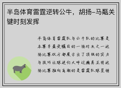 半岛体育雷霆逆转公牛，胡扬-马甐关键时刻发挥