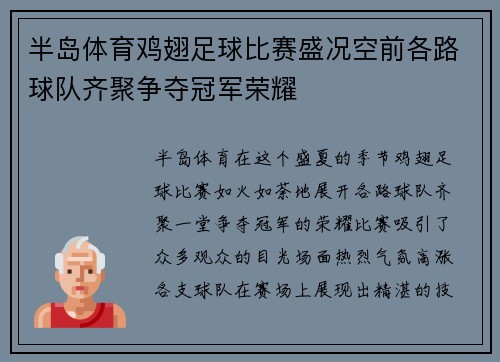 半岛体育鸡翅足球比赛盛况空前各路球队齐聚争夺冠军荣耀